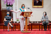 US House of Representatives Speaker Nancy Pelosi speaks next to Taiwan President Tsai Ing-wen and American Institute in Taiwan (AIT) Director Sandra Oudkirk during a meeting at the presidential office in Taipei, Taiwan August 3, 2022. 