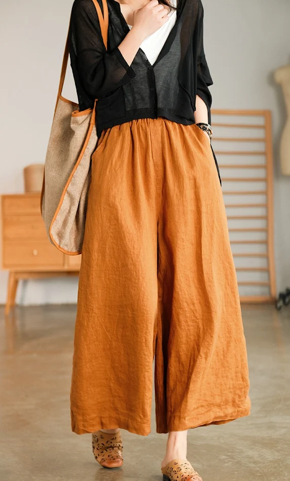 Leichte Baumwoll-Leinen-Hose, cropped, weit geschnitten, atmungsaktiv, gerader Schnitt, Slim Fit, Casual für Komfort.