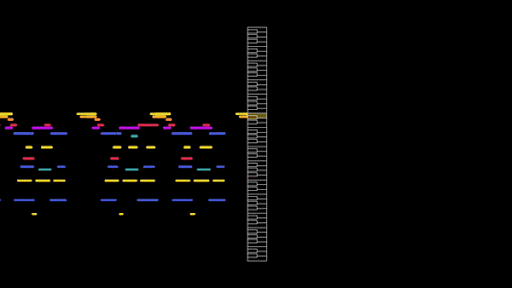 Vertical piano keys in the center of the screen, a trail of colorful music note visualizations animate to the left