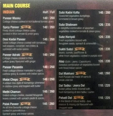 Taj Mahal, Taj Mahal Hotel menu 