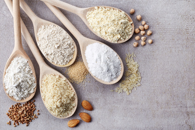 Various gluten-free flours, from left: buckwheat flour, almond flour, amaranth seed flour, rice flour, and chickpea flour.