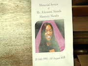 The programme for Rhodes University student Khensani Maseko's memorial service. 