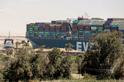 FILE PHOTO: A view shows the ship Ever Given, one of the world's largest container ships, after it was partially refloated, in Suez Canal, Egypt on March 29 2021. 
