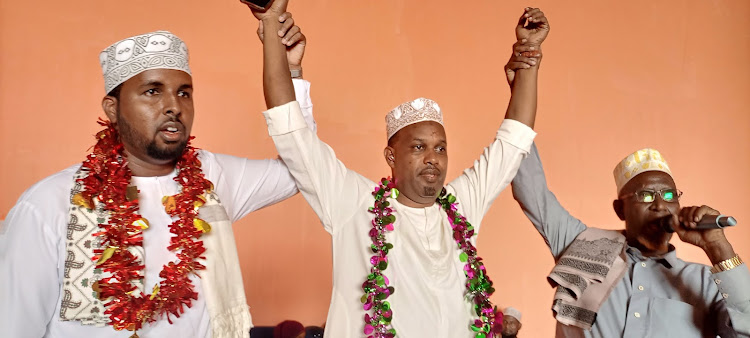 Garissa Township ODM candidate Nasir Mohamed is endorsed by elders from his Awlihan community at a Garissa hotel on Monday, June 20.