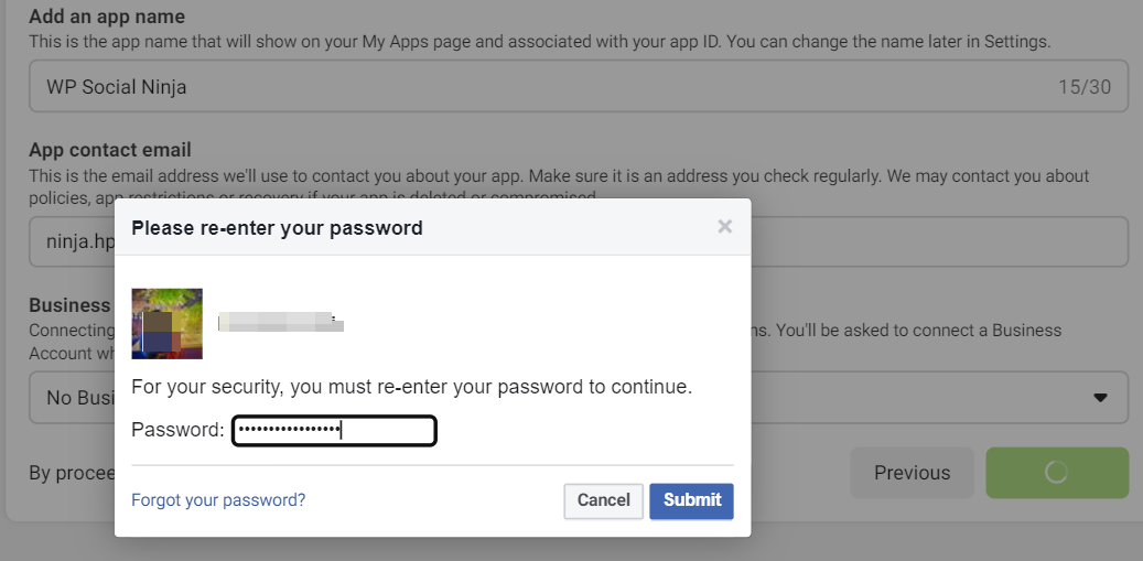 Facebook events feed-create app- Enter password