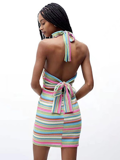 Title 2, Colorful Striped Lace-Up Backless V-Neck Dress,...