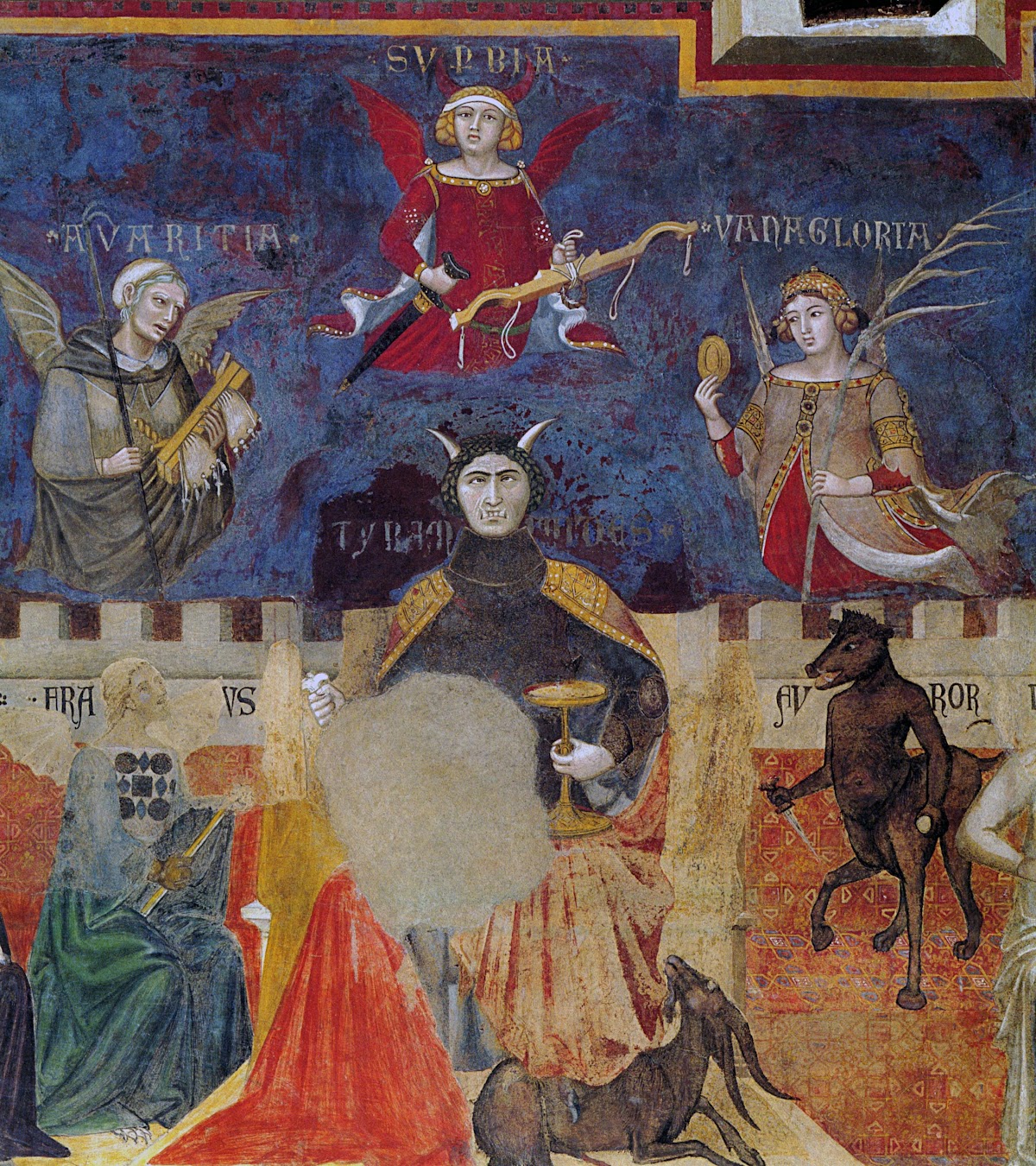 Ambrogio Lorenzetti, Allegoria del Mal Governo (particolare del Mal Governo, in alto, da sinistra, l'Avarizia, la Superbia e la Vanagloria. In basso la Tirannide (tra la Frode e il Furore)) (1338-1339), Palazzo Pubblico, Siena