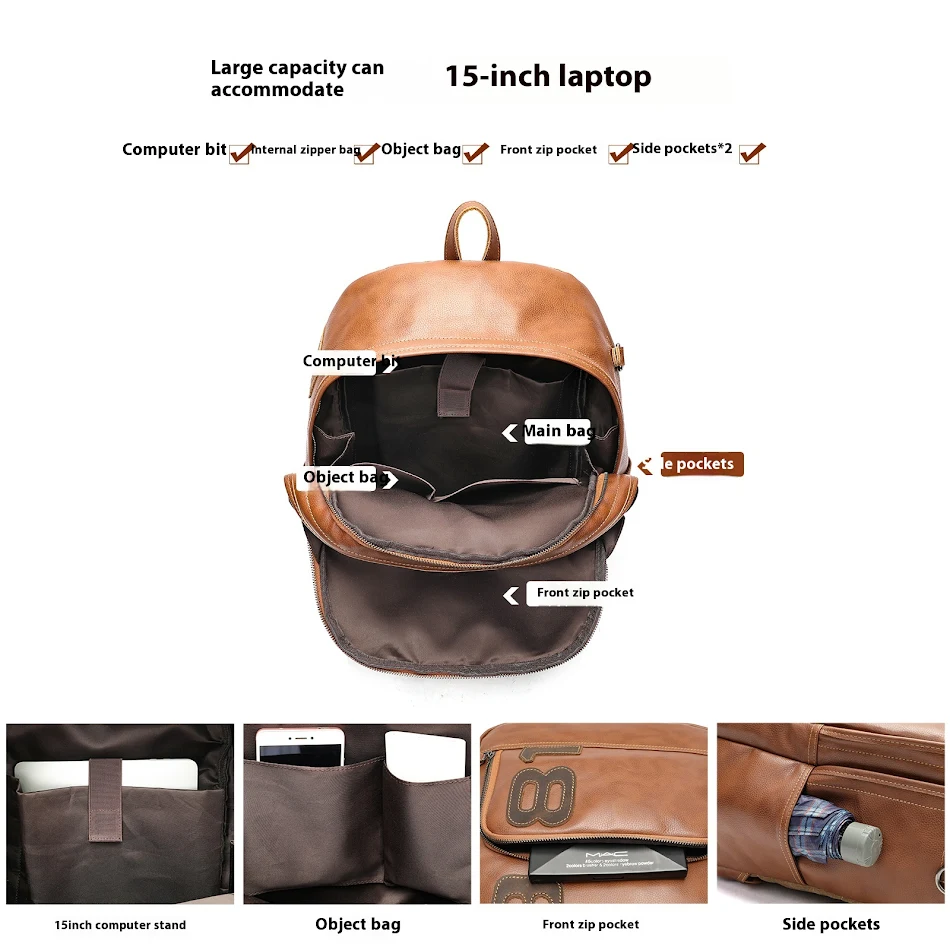 Mochila de couro grande capacidade, couro bovino de primeira camada, mochila de viagem casual, alta qualidade e estilo.