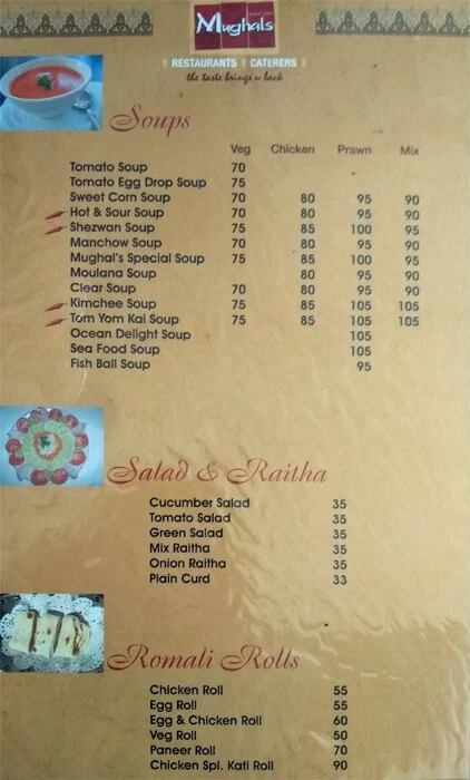 Mughals Restaurant menu 