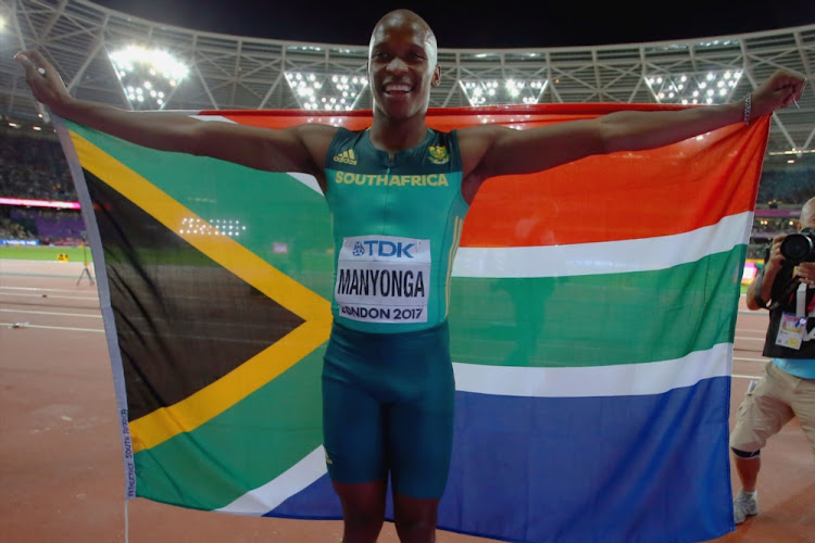 Luvo Manyonga of South Africa celebrates winning the final of the Mens Long Jump during day 2 of the 16th IAAF World Athletics Championships 2017 at The Stadium, Queen Elizabeth Olympic Park on August 05, 2017 in London, England.