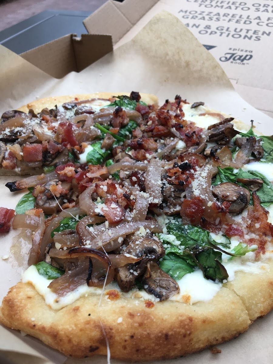 Bacon Mushroom Spinach gf pizza