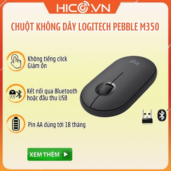 Chuột Bluetooth Không Dây Logitech Pebble M350 , Phù Hợp Dùng Macbook Ipad - Nhỏ Gọn Tiện Lợi, Chống Ồn Hiệu Quả