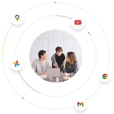 Illustration de trois personnes collaborant sur un ordinateur portable et entourées des logos des produits Google représentant l’écosystème Google.