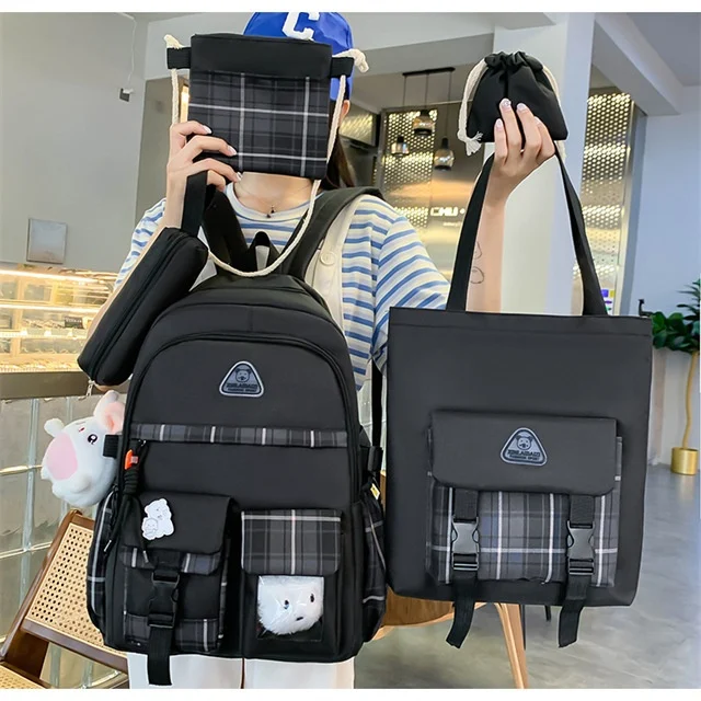 Mochila Fofa Estilo Preppy Conjunto de Cinco Peças Ideal para Escola e Passeios Oferece Organização e Conforto Inclui Bolsas Adicionais para Acessórios e Estilo