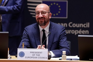 President of the European Council, Charles Michel, takes part in the last roundtable discussion during the European summit at the EU headquarters in Brussels, Belgium July 21, 2020.