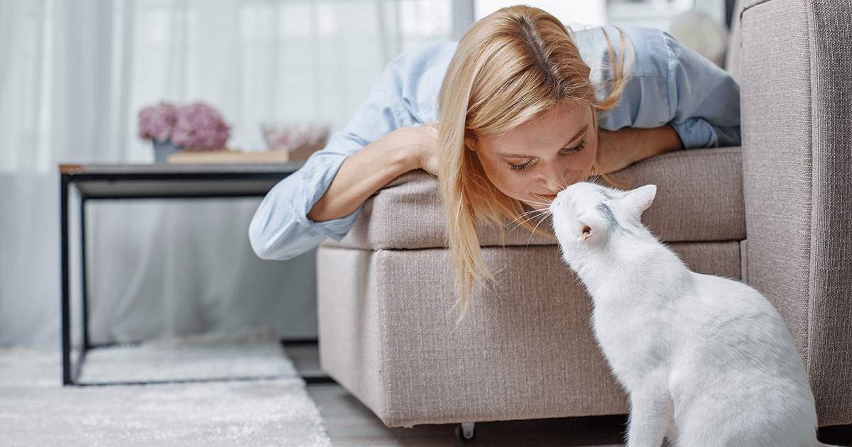 Woman laying over edge of couch touching noses with white cat sitting on floor