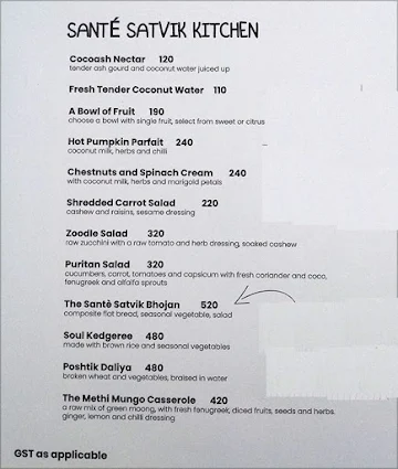 Sante Spa Cuisine menu 