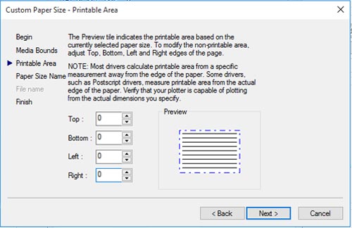 Kotak dialog custom paper size (printable area)