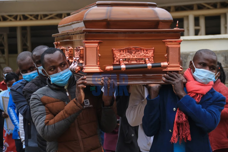 The Casket of late Corazon Wafula carried from Kenyatta University Funeral Home.