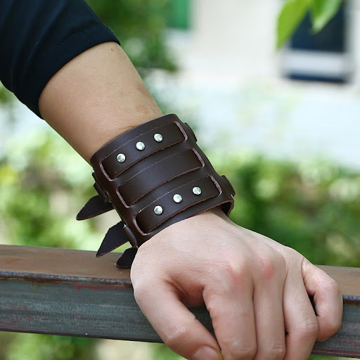 Title 2, Studded Punk Wide Leather Bracelet, Exaggerated...