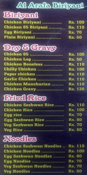 Al Arafa Biriyani menu 