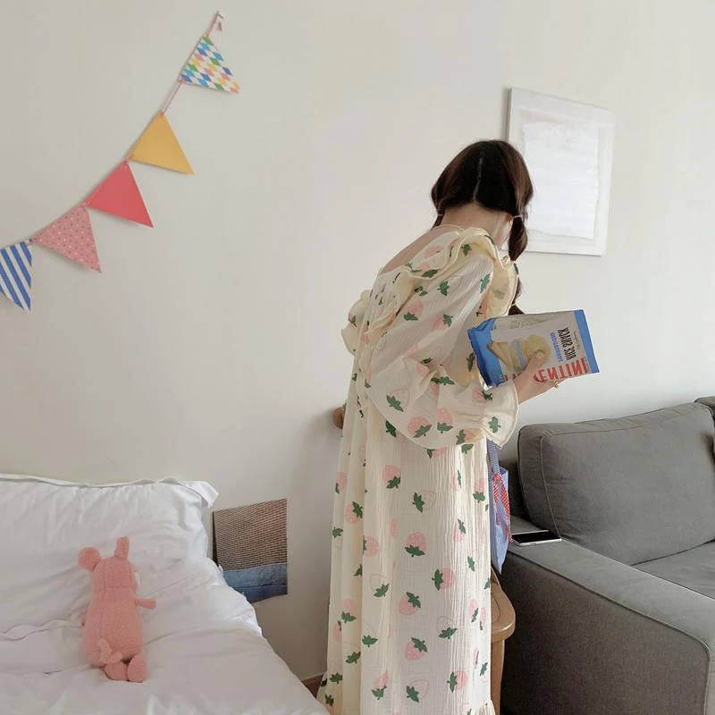 Strawberry Ruffled Square Collar Nightdress Women's Long-sleeved Dress, offering comfort and style for a perfect night's