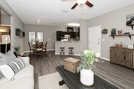 Apartment entryway open to the living and dining areas with a breakfast bar overlooking the kitchen