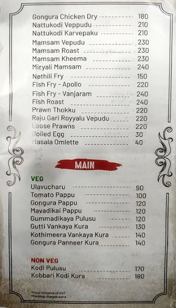 Ruchulu - Telugu Bhojanam menu 