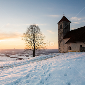 Evening glow over church by Ian Middleton - Landscapes Mountains & Hills