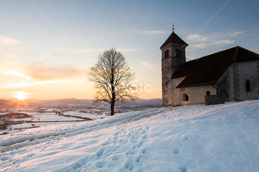 Evening glow over church by Ian Middleton - Landscapes Mountains & Hills
