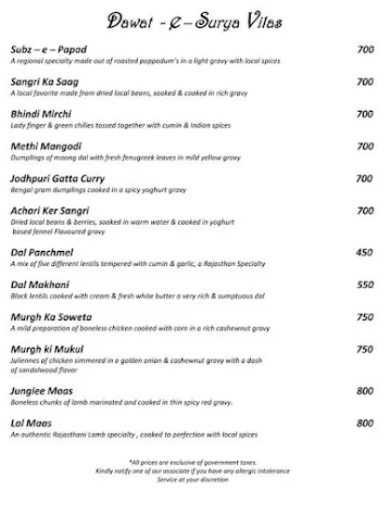 Surya Villas - Le Meridien Jaipur menu 