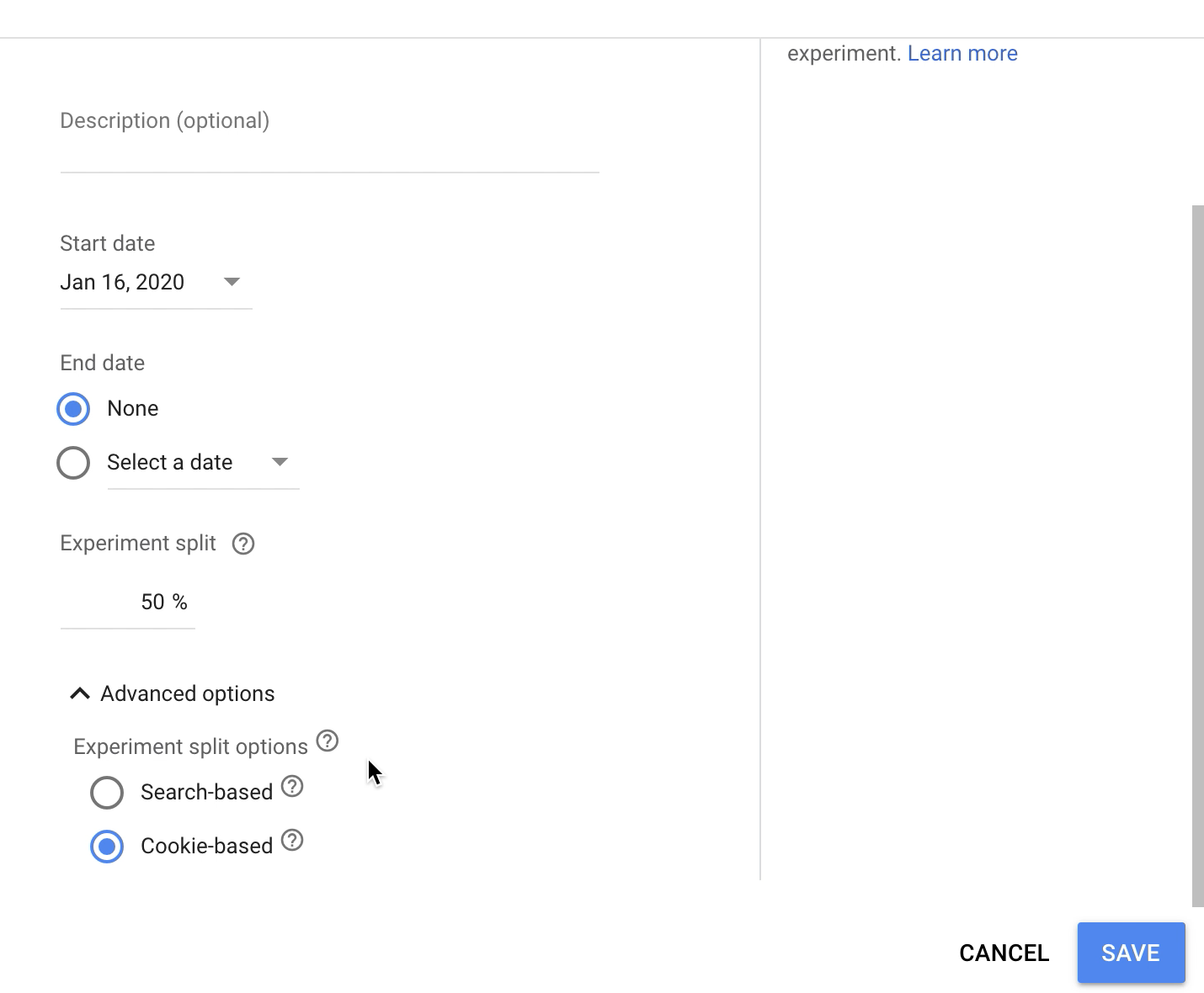 Screenshot of the advance options for Experiment Split Options.