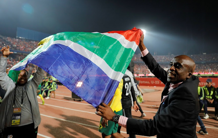 South Africa coach David Notoane celebrates after they win a penalty shootout against Ghana at Cairo International Stadium on Friday in the third-place playoff at the Africa Under-23 Cup of Nations.