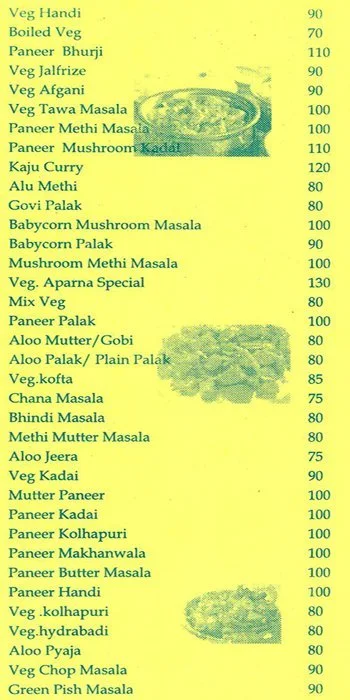 Aparna Refreshment menu 