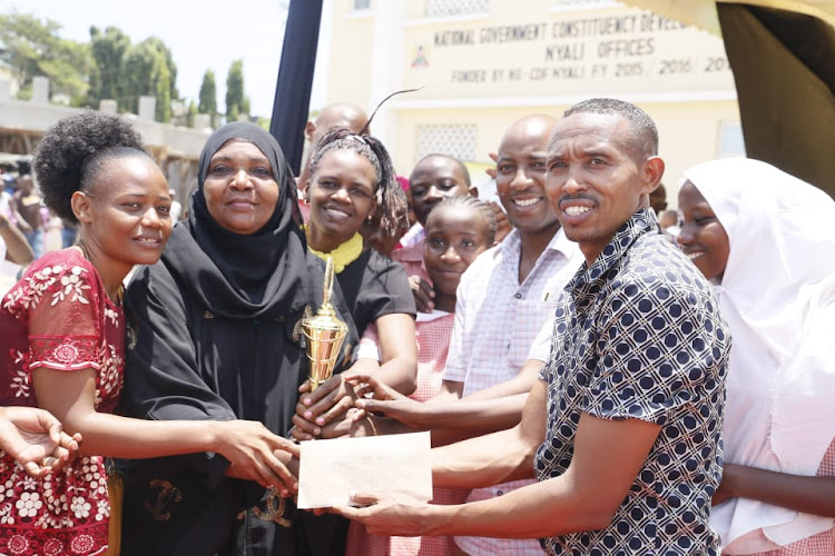 Nyali MP Mohammed Ali [L]at the Nyali NG-CDF offices on Saturday.