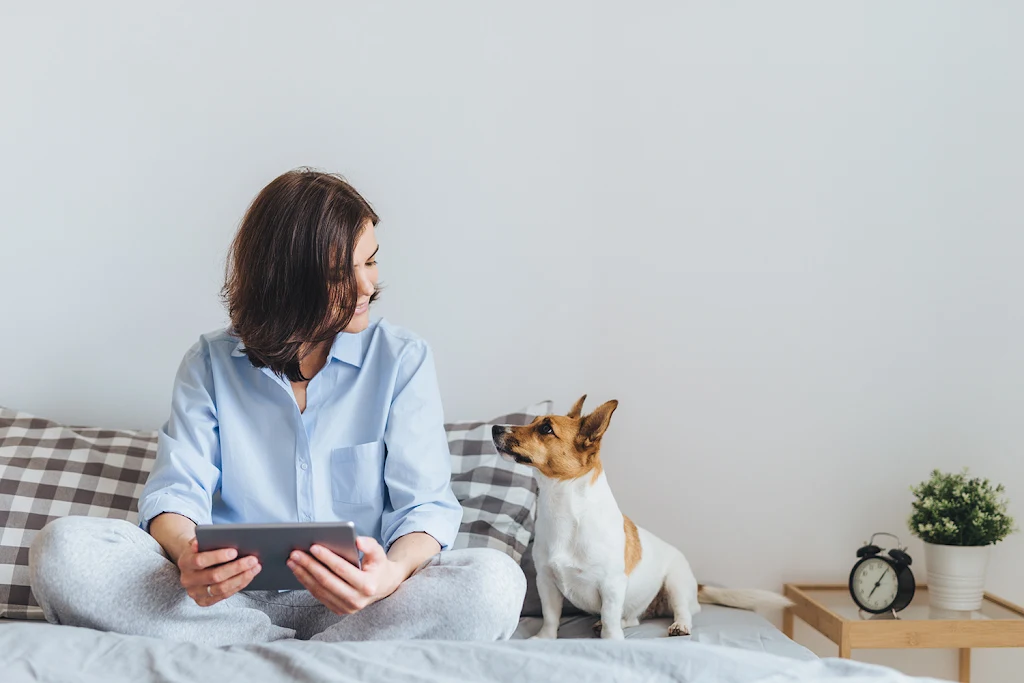 Stock photo of a lady sitting on a couch with coffee next to a small dog