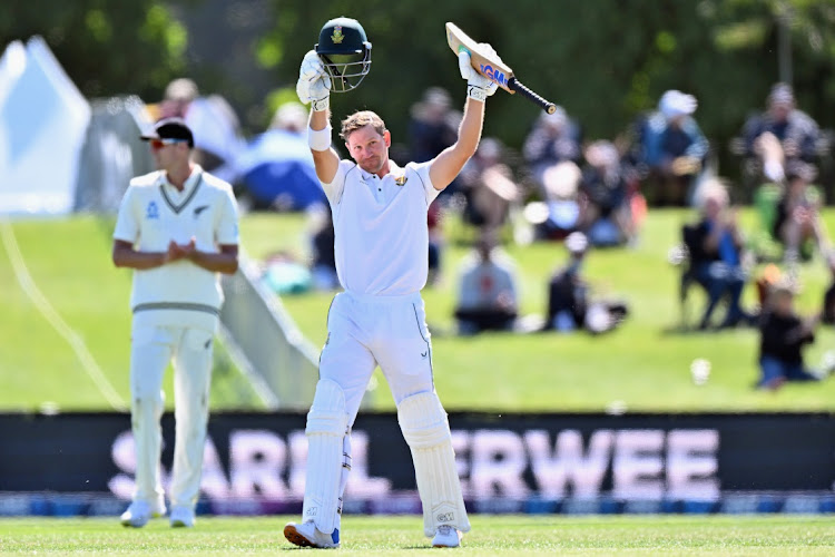 Sarel Erwee celebrates his century during day one of the second Test against New Zealand at Hagley Oval on February 25 2022 in Christchurch.