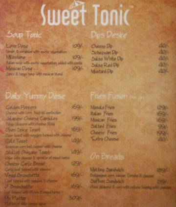 Sweet Tonic menu 