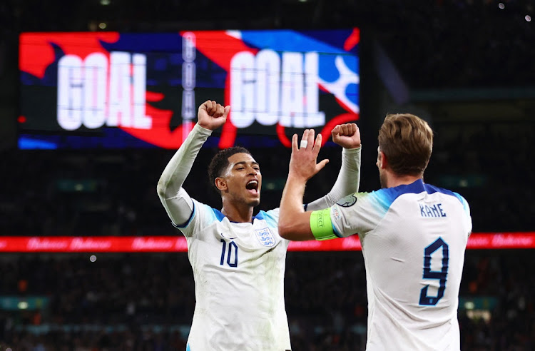 England’s Harry Kane celebrates scoring with Jude Bellingham in the Euro 2024 qualifier. Picture: REUTERS/CARL RECINE