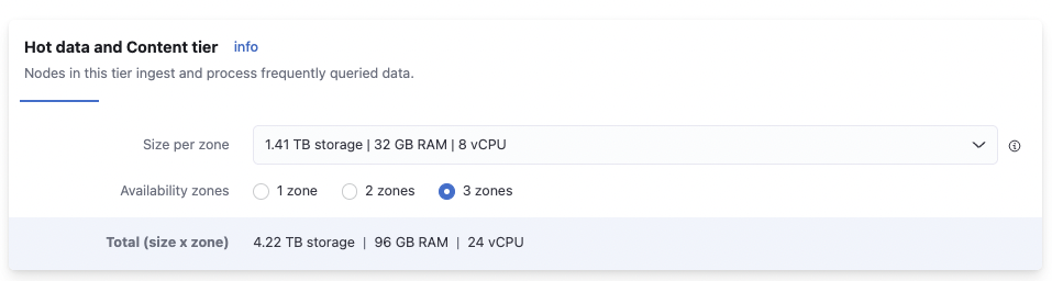 Hot data and content tier section in the Elastic Pricing Calculator