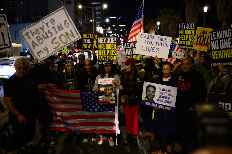 Protestors led by the families of hostages during a demonstration calling on US President Joe Biden and the US administration to secure a hostage deal ahead of Ramadan outside the US Embassy Branch in Tel Aviv on March 5, 2024 in Tel Aviv, Israel. Over the weekend, the vice president of the United States voiced that country's most forceful demand yet that there be an immediate ceasefire in the conflict, imploring Hamas to agree to the a six-week pause in fighting and calling on Israel to increase the flow of aid into the territory.