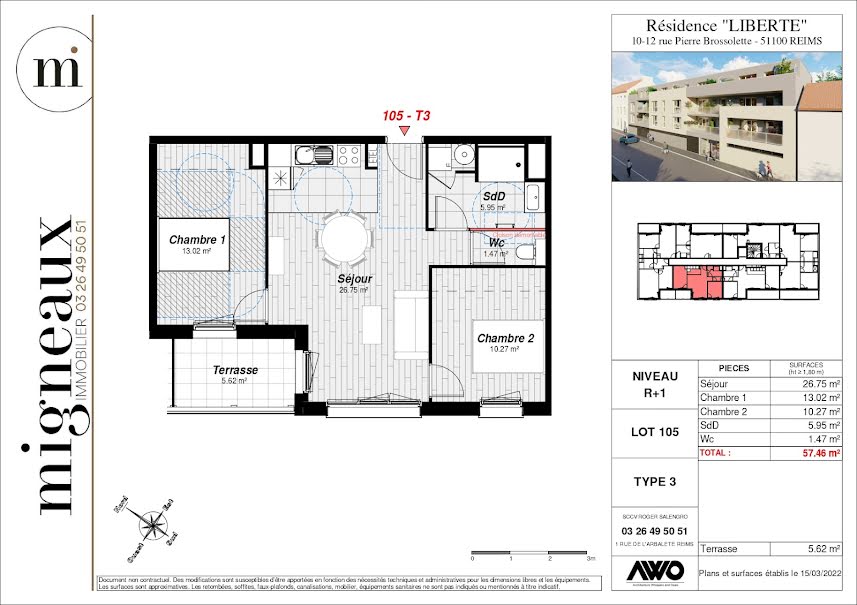 Vente appartement 3 pièces 60.27 m² à Reims (51100), 309 296 €