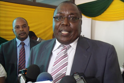 NCPB new CEO Newton Terer speaking in Eldoret with him is the board chairman Col (Rtd) Geoffrey Kingangi. Photo Mathews Ndanyi