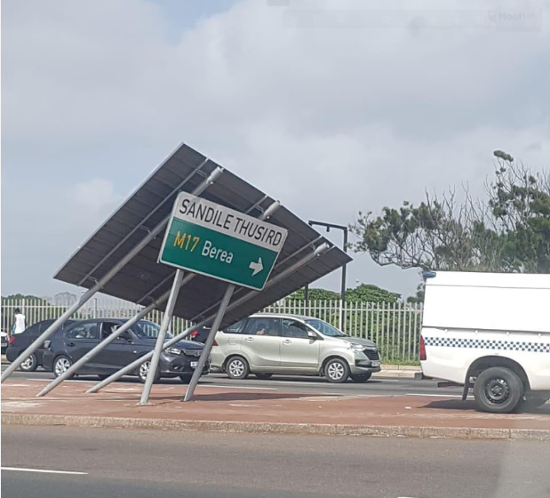 Strong winds topple road signage in the Durban city centre.