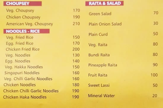 Raj Foods menu 