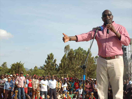 Thirdway Alliance party leader Ekuru Aukot at Mikinduri in Tigania East Constituency, Meru County, during the homecoming of EALA member Mpuru Aburi, February 24, 2018. /DENNIS DIBONDO