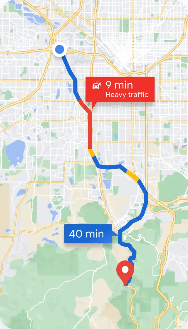 Map with a route showing traffic conditions