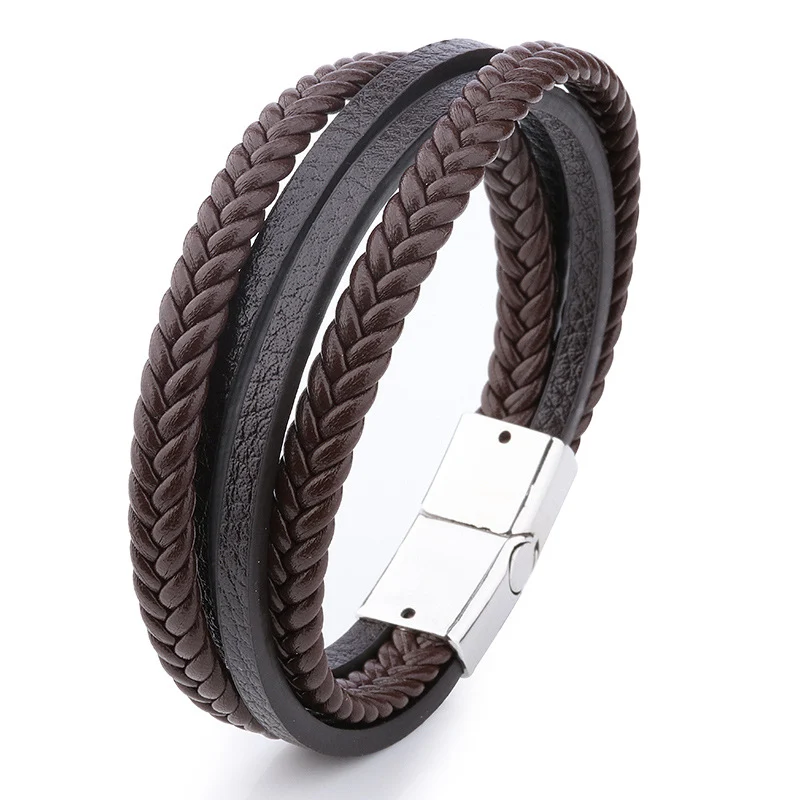 Pulseira masculina de couro trançado à mão com fecho magnético de liga, elegante e durável. Um acessório de moda essencial.