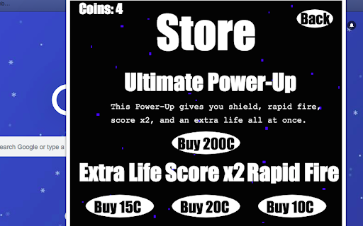 Store Power-Up shield, Extra Life Score x2 Rapid Fire Buy Buy Buy 106 