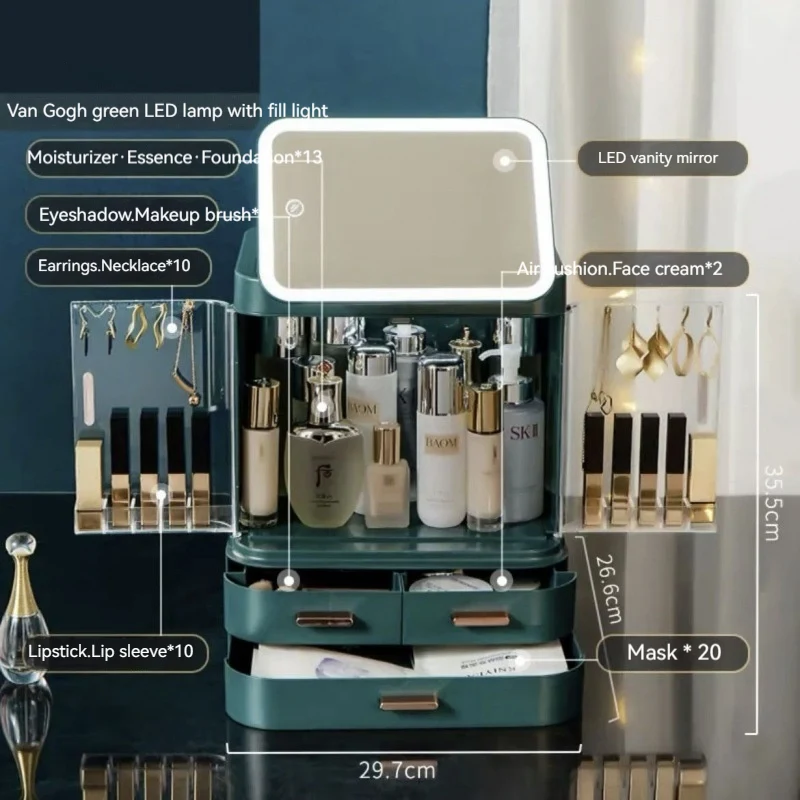 Espejo con luz y almacenamiento cosméticos grande para escritorio. Guarda labiales, productos cuidado piel y maquillaje en esta caja.